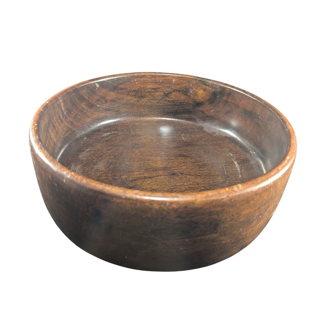 Vtg mcm Handcrafted Dark Wood Round Serving Bowl Rustic Farmhouse Decor 10 Inch